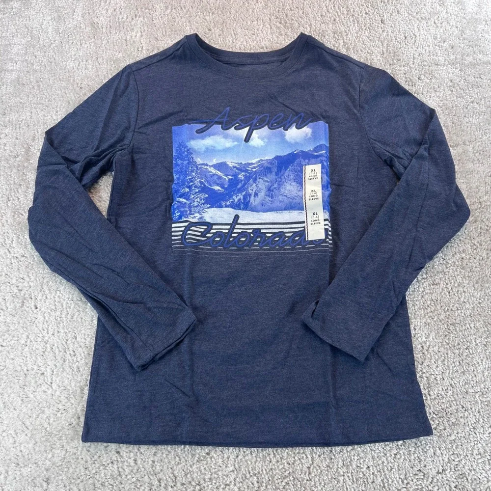 Cat & Jack Boys XL 14 Aspen Colorado Mountain Graphic Long Sleeve Tee Navy Blue